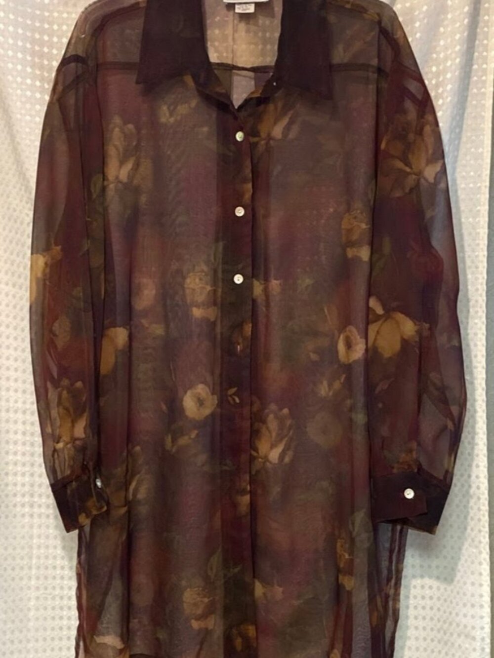 Vintage Fitting Image Burgundy Tan Green Sheer Floral Jacket Plus Size 22W